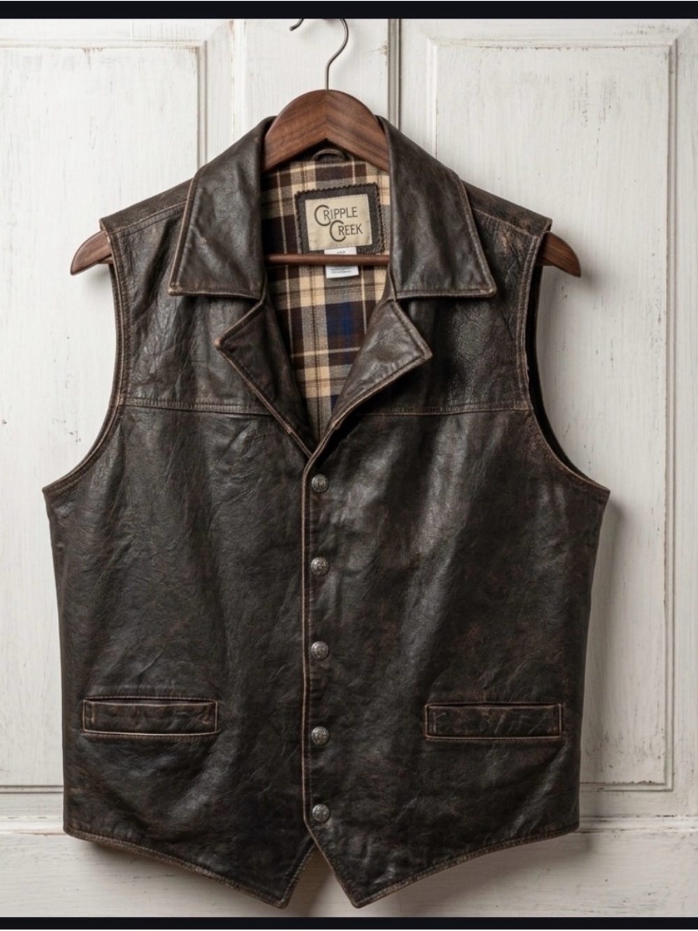 Cripple Creek 2XL Men's Brown Leather Vest biker snap front